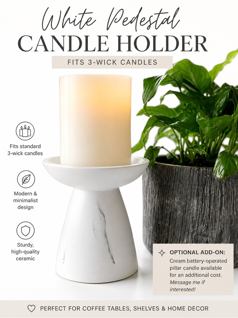 🤍 White Marble Pedestal Candle Holder | 3-Wick Size | Modern Decor - Picture 3 of 4